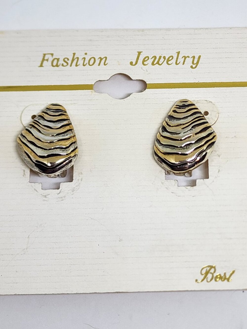 Vintage "BEST" Two Tone Sea Shell Gold Silver Signed CLIP Earrings NOC NOS